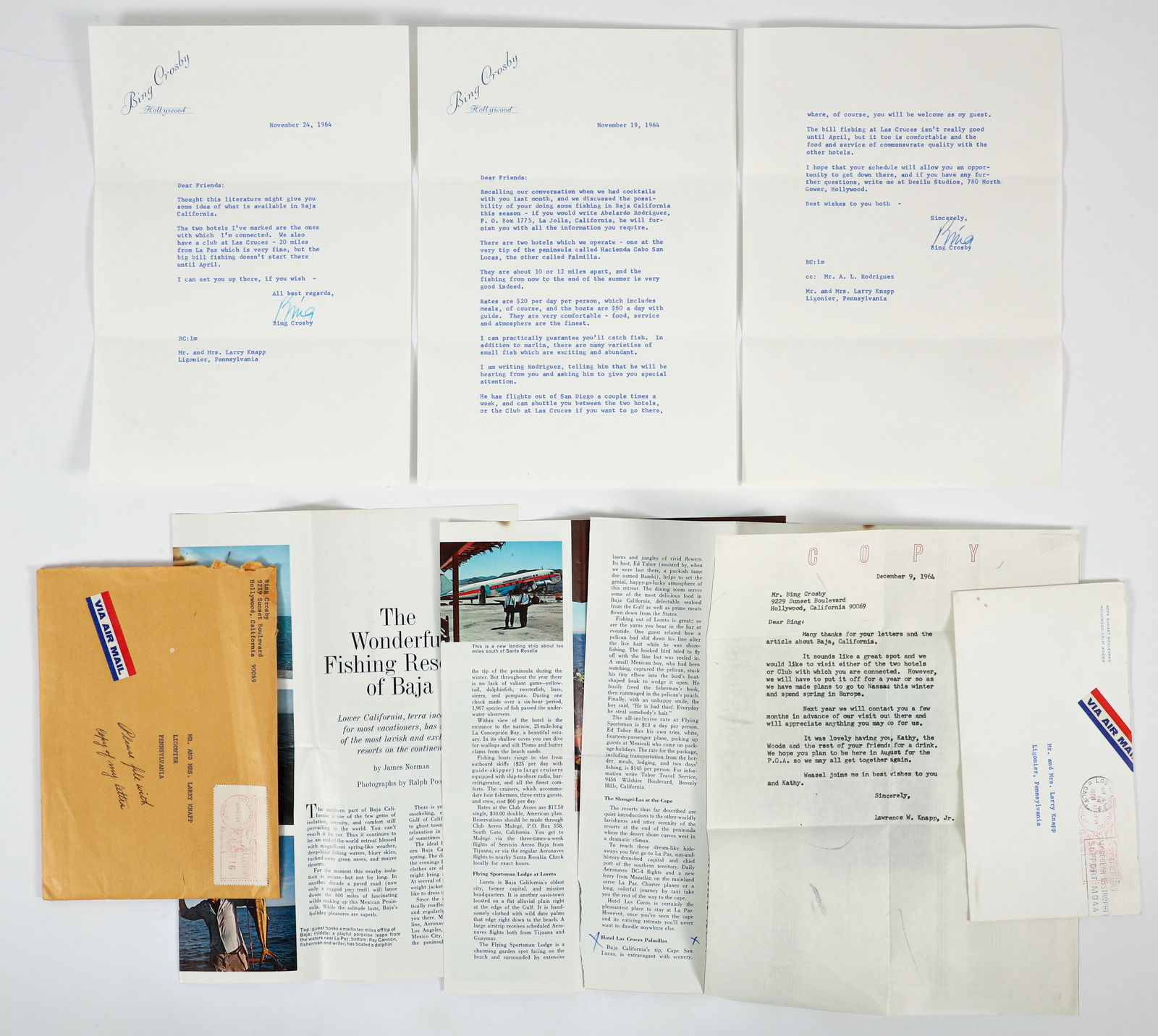 Bing Crosby 2 SIGNED personal notes of a fishing trip 1964 (1 of 3)