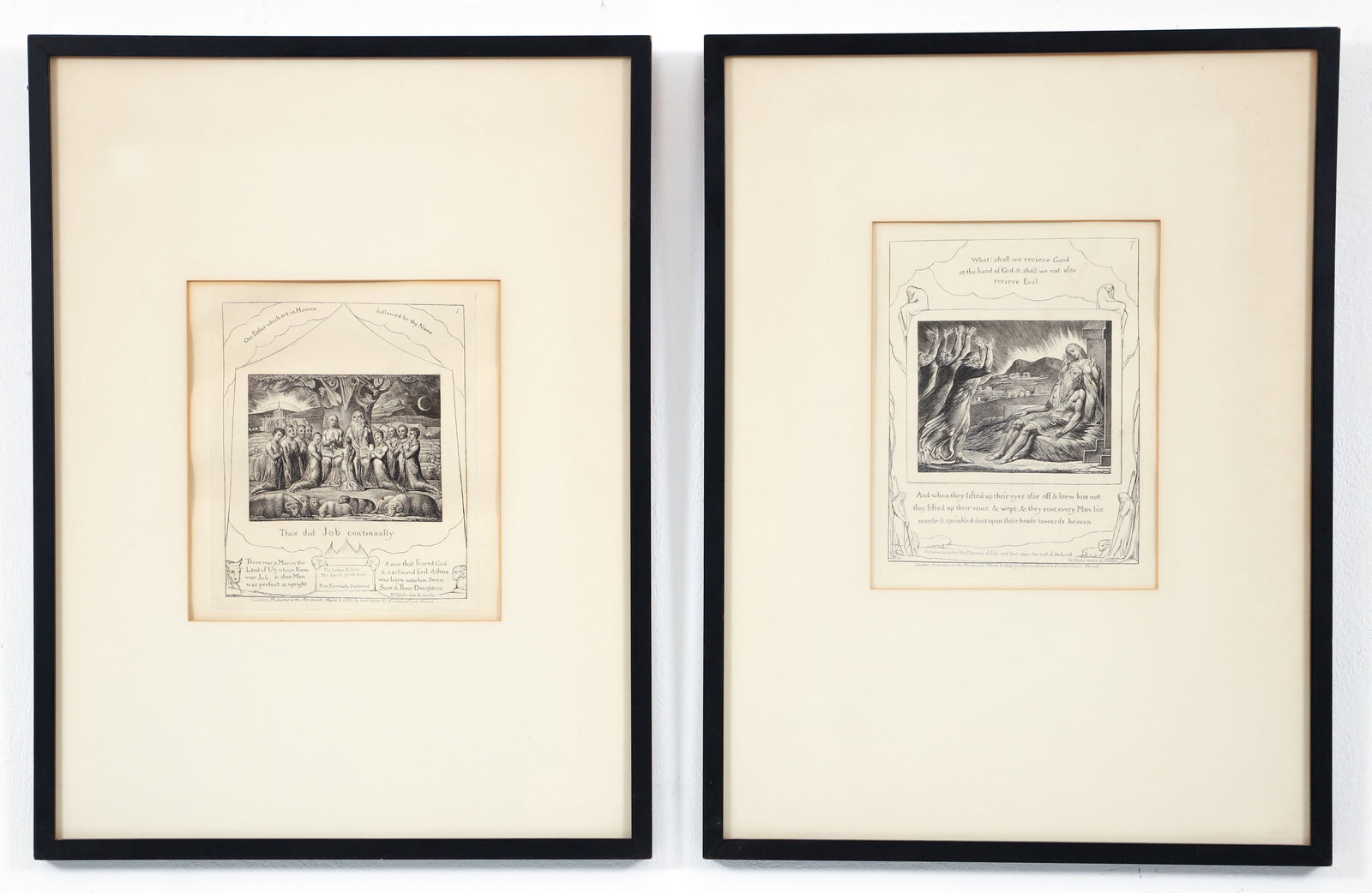 2 framed William Blake engravings from Book of Job, 1 and 7: Blake, William (English 1757-1827), Job's Comforters, Plat3 7 and Job and His Family, Plate 1 from 'Illustrations of the Book of Job', engraving, we believe these are from the 1874 edition, 7.75 x 6.5