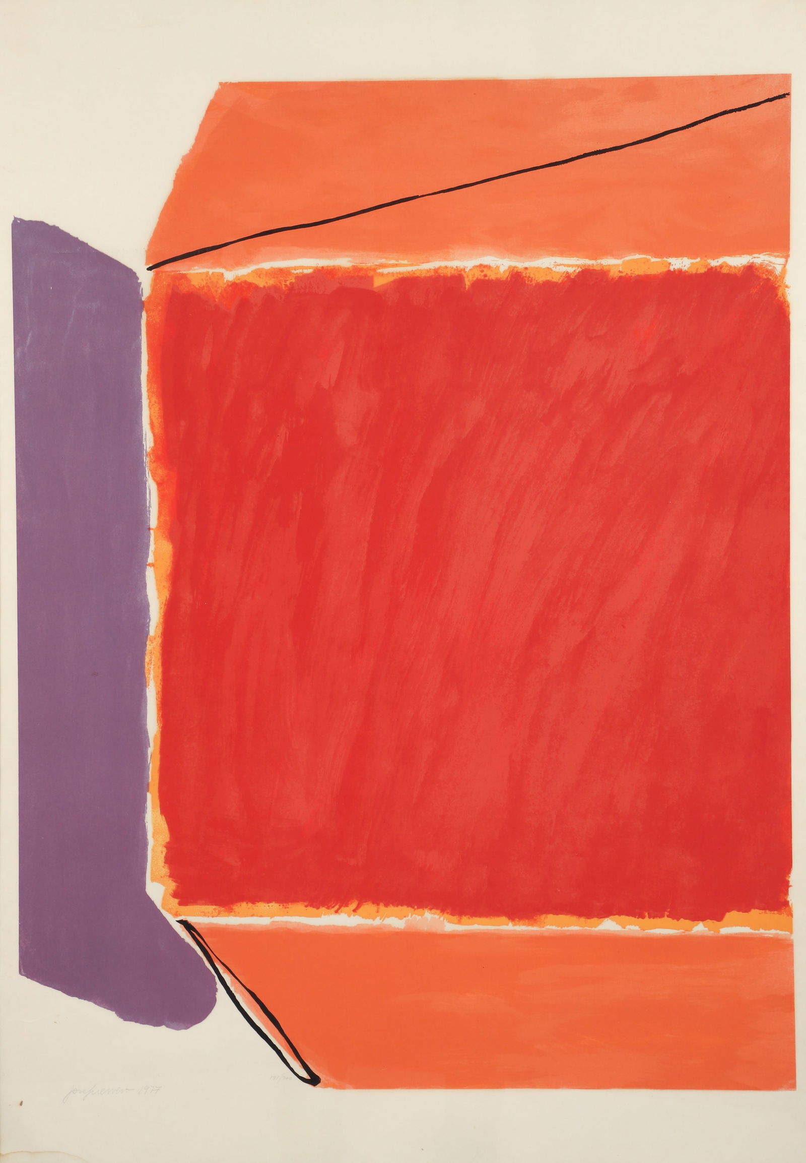 Jose Guerrero 1977 color aquatint Untitled: Guerrero, Jose (Spanish, 1926-1990), Untitled, 1977, aquatint printed in colors on Japanese paper,33.5 x 26 inches, pencil signed, dated, and numbered 181/200, framed measuring 40 x 28 inches