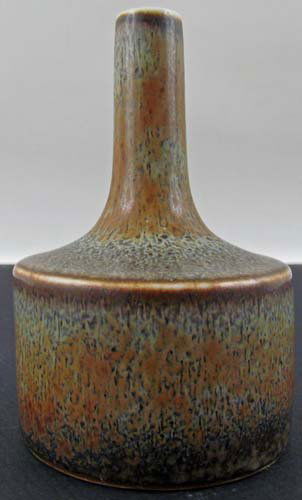 Carl-Harry Stalhane bottle vase: Artist: Stalhane, Carl-Harry for Rorstrand Title: Bottle Vase with Green and Brown Mottled Glaze Date: mid 20th Century Medium: Glazed Ceramic Dimensions: 5 x 3 x 3 inches Signature: incised