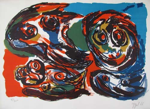 Karel Appel signed 1966 lithograph "Figures": Artist: Appel, Karel (Dutch, 1921-2006) Title: Figures Date: 1966 Medium: lithograph printed in colors Dimensions: 18 x 27 inches Edition: 91/200 Signature: pencil signed and dated Ap