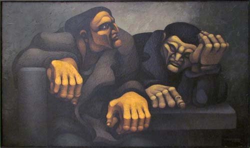 Ricardo Roque Carpani ptg. "Figueras": Artist: Carpani, Ricardo Roque (Argentinian, 1930-1997) Title: Figueras Date: 1967 Medium: acrylic on canvas Dimensions: 34.5 x 59 inches Description: an expressionist treatment of two men <