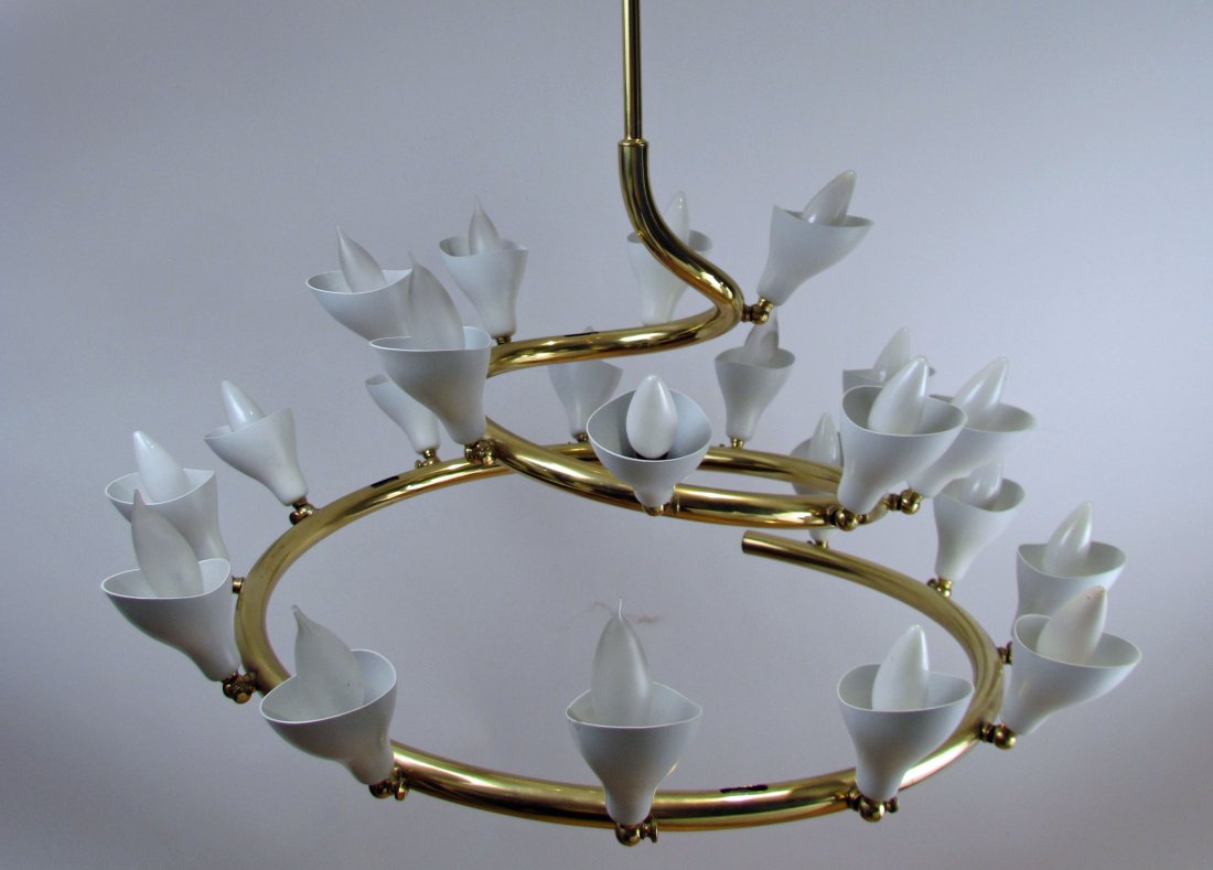 Gino Sarfatti chandelier for Arteluce: Artist: Sarfatti , Gino (Italian, 1912-1985) Title: Chandelier Date: mid 1950's Medium: brass, enameled brass Dimensions: 36 x 29 x 29 inches (including support column0 Description: Literature