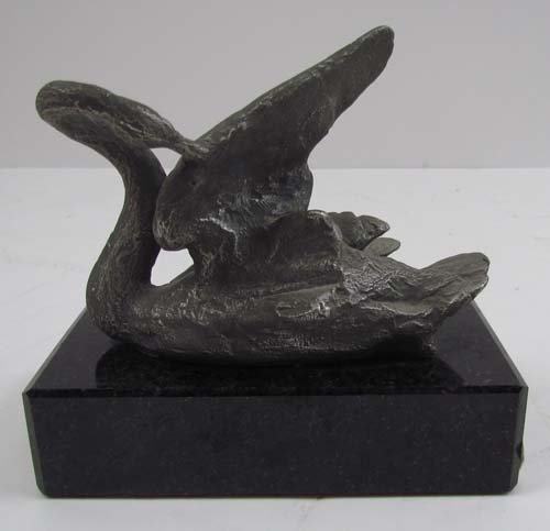 John Dowie "Swan" aluminum sculpture on marble bas: Artist: Dowie, John Stuart (Australian, 1915-2008) Title: Swan Medium: aluminum Dimensions: 5.5 x 5.5 x 3 inches (with base) Signature: signed "DOWIE" under tail feathers