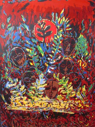 David Driskell orig serigraph " Dance of The Masks: Artist: Driskell, David Clyde (African American, born 1931) Title: Dance of The Masks Date: 2008 Medium: serigraph printed in colors and in relief Dimensions: 24 x 18 inches Edition: AP III