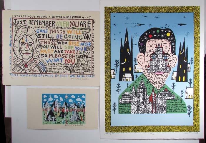 3 Howard Finster original limited edition serigrap: Artist: Finster, Reverend Howard (American 1916-2001) Title: "Florence Nightingale"," Looking In", and" Pages of Another World" Medium: Serigraphs printed in colors Dimensions: 12 x 18 inches, 25 x 20