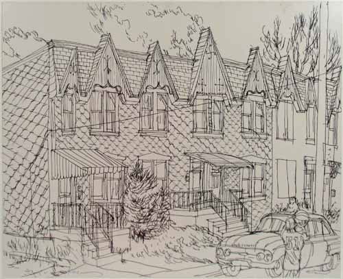 Henry Koerner drawing Row Houses Pittsburgh: Artist: Koerner, Henry (Austrian/American 1915-1991) Title: Row Houses Pittsburgh Date: circa 1965 Medium: pen and ink in paper Dimensions: 16 x 20 inches Signature: signed Koerner lower left