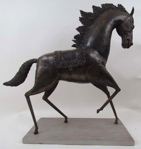 Ed Kosewicz Brass Prancing Show Horse: Artist: Kosewicz, Edward (American, 1922- 1993) Title: Prancing Horse with Saddle Date: 1979 Medium: hammered and welded brass on a marble base Dimensions: 23 x 25 x 5 inches Signature: incised