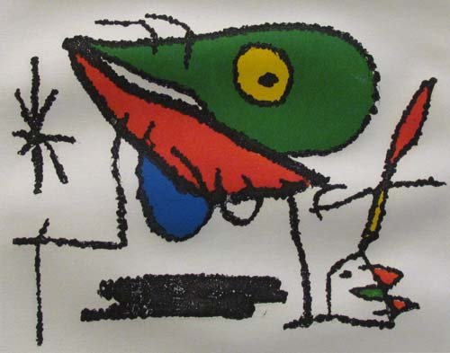 Joan Miro color aquatint "El Sobreviviente visita: Artist: Miro, Joan Title: El Sobreviviente Visita los Pajaros (560/157, Mourlot/Cramer books) Date: 1972 Medium: etching and aquatint printed in colors Dimensions: image 7.4 x 9.2 inches. Sheet 14.8 x