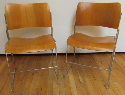 2 David Rowland 40/4 Office Chairs: Artist: Rowland, David Title: 2 Chrome frame and plywood office chairs Date: ca 1980 Medium: chrome, wood (type?) Dimensions: 30 x 17.75 x 17.75 inches Description: David Rowlands' award winni