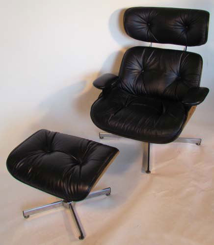Selig Lounge Chair after Charles Eames: Artist: Selig Title: Maple Leather and chrome after Eames Medium: wood chrome steel and leather Dimensions: 38.5 x 32,5 x 32 chair 15 x 21 x 16 inches ottoman