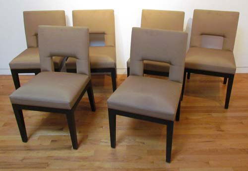 6 Christian Liaigre for Holly Hunt Velin Dining Ch: Artist: Liaigre, Christian for Holly Hunt Title: 6 Velin Dining Chairs with beige silk upholstery Medium: mahogany, silk upholstery Dimensions: 32 x 18 x 19.5 inches Signature: Metal Stamp on inside o