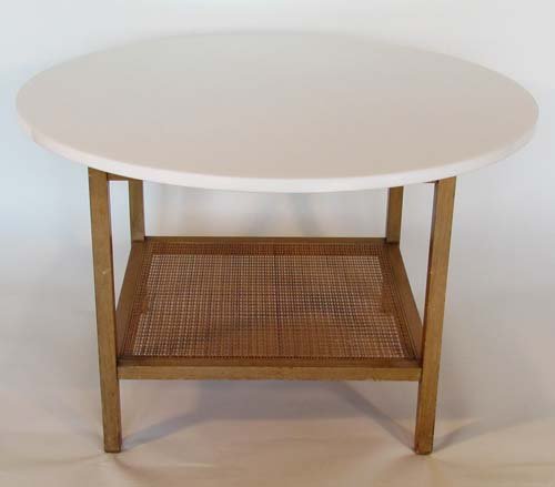 Paul McCobb Marble Top Side Table: Artist: McCobb, Paul for Calvin (Irwin Collection) Title: Modern Side Table with white marble top and rattan under shelf Date: 1957 Medium: marble, wood Dimensions: 20 x 32 x 32 inches Signature: <