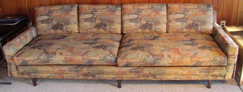 Paul McCobb Loose Cushion Sofa: Artist: Paul McCobb Title: Loose Cushion Sofa Date: mid 1950's Medium: walnut and fabric upholstery Dimensions: 34 x 98 x 34 inches Provenance: Hendejohn