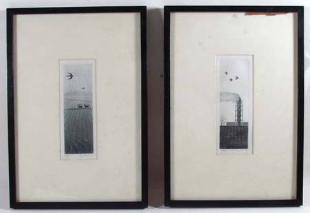 2 Modern Japanese etchings by Nobuo Satoh (Japanes: Artist: Satoh, Nobuo (Japanese, born 1926) Title: Plowed Field and Smoke Stack Medium: mezzotints Dimensions: 6.5 x 2.5 inches (sight) Edition: rice paddy: 2/50; chimney: 20/50 Signature: both