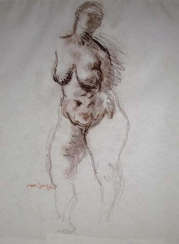 Moses Soyer Drawing "Study for a Standing Female N: Artist: Soyer, Moses (Russian/American 1899-1974) Title: Study for a Standing Female Nude Medium: conte crayon and ink wash Provenance: Fletcher/Copenhaver Fine Art, Fredericksburg Va.; The Estate of 