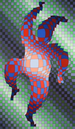 Victor Vasarely orig serigraph "The Juggler": Artist: Vasarely, Victor (Hungarian/French 1908-1997) Title: The Juggler Date: 1983 Medium: serigraph printed in colors on silver foil Dimensions: 25.5 x 15.8 inches Edition: E.A. 9/20 Si