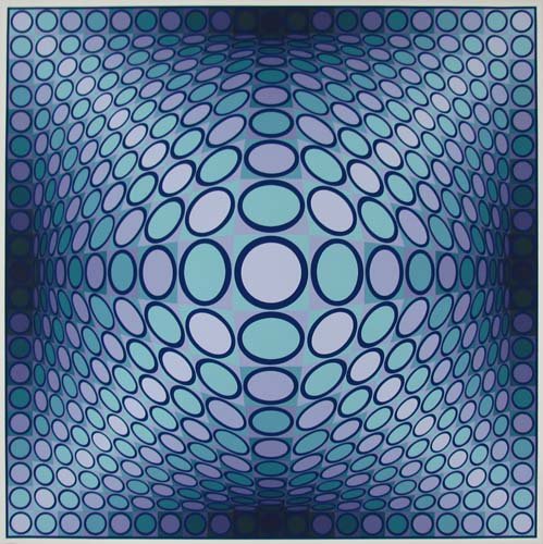 Victor Vasarely orig serigraph "Geometric Abstract: Artist: Vasarely, Victor (Hungarian, 1908-1997) Title: Untitled (Sphere Image) Medium: serigraph printed in colors Dimensions: 18.75 x 18.75 inches Edition: 145/325 Signature: pencil signed low