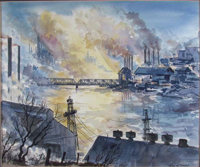 Robert Young, Pittsburgh Steel Mill and River Land: Artist: Young, Robert R. (20th Century American) Title: Pittsburgh Steel Mill and River Landscape Medium: watercolors Dimensions: 18 x 21 inches (sight) Signature: signed lower right Frame Type: </