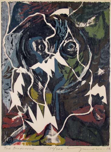 Adja Yunkers BIRDLOVER 1952 orig color Woodcut: Artist: Yunkers, Adja (Latvian/American, 1900-1983) Title: BIRDLOVER Date: 1952 Medium: color woodcut Dimensions: 14.6 x 11 inches Edition: 172/200 Signature: pencil signed Yunkers