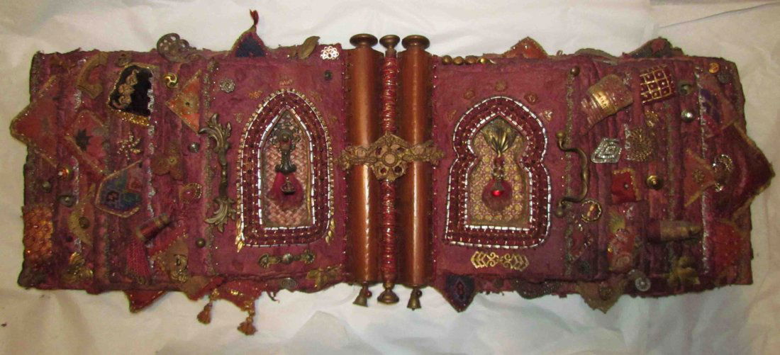 Artist Made Collaged Book Wall Relief Far Eastern: Title: Artist Made Collaged Book Wall Relief Far Eastern Influence Medium: hand made paper, found objects Dimensions: 14 x 38 x 1.5 inches Signature: apparently unsigned