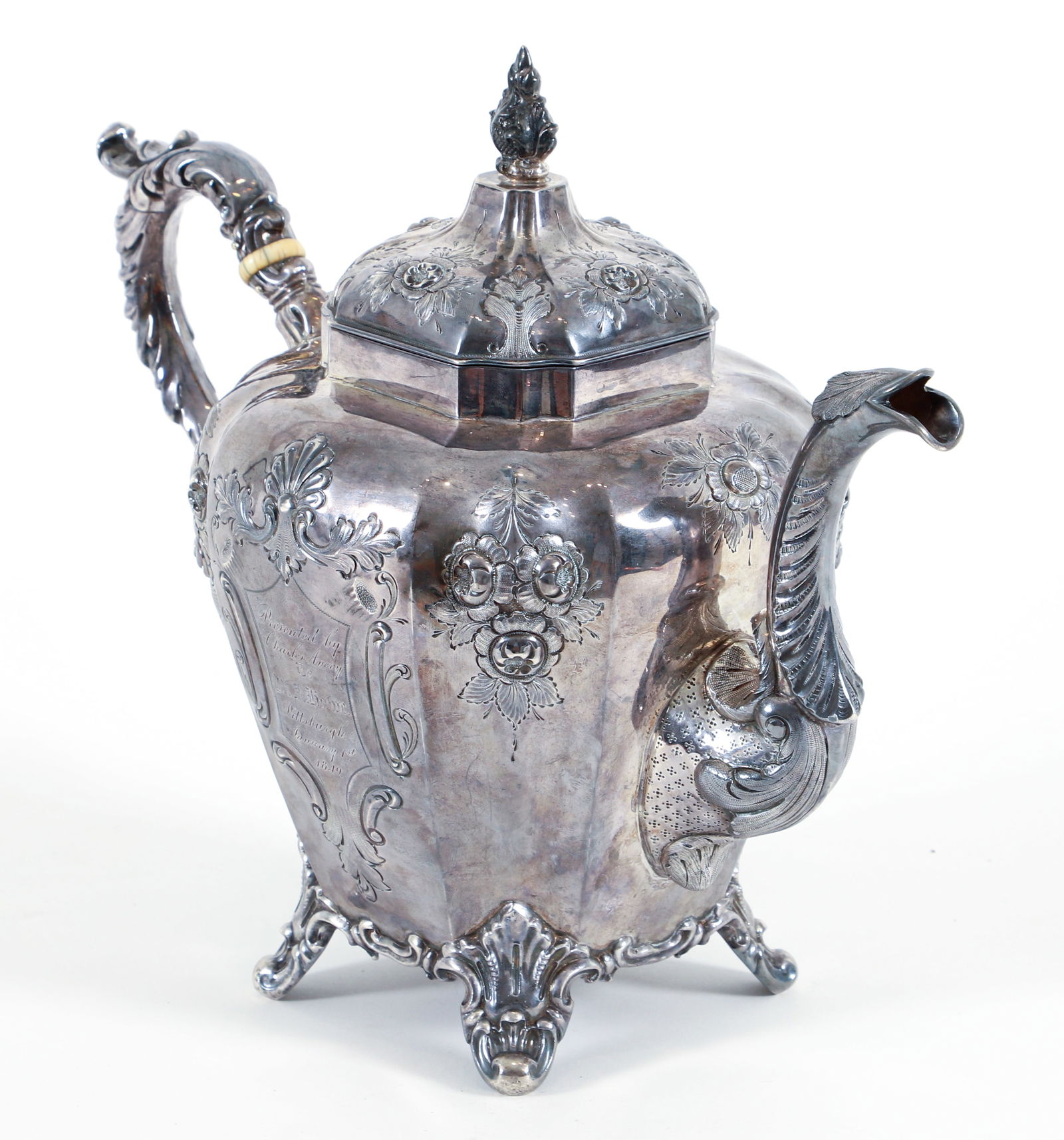 1849 Coin Silver Teapot Charles Avery Provenance: Mid 19th century coin silver repousse teapot, Gale & Hayden (William Gale and Nathaniel Hayden, 1845-1849), American, New York, NY, 1849. Retailed by J.B. McFadden & Company, Pittsburgh, PA. Rounded o