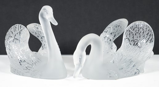 Lalique Crystal Glass Swans, Head up and Head Down