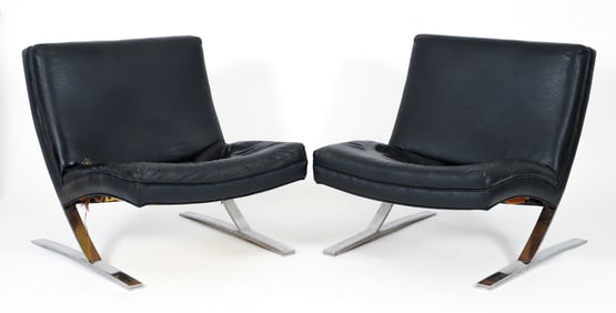 Pair Chrome and Leather Cantilever Lounge Chairs