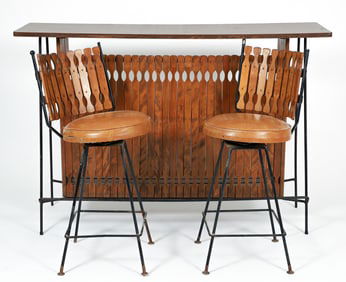 Arthur Umanoff Mid Century Iron and Walnut Bar with Stools