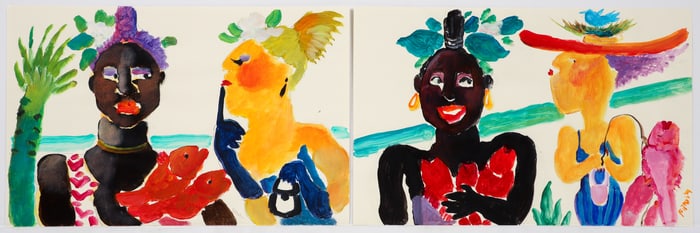 2 Ann Frantic paintings Black Fisherwoman Selling to Stylish Woman