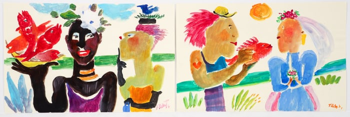 2 Ann Frantic paintings Fisherman Presenting Fish to Bride and Woman with Brid Hat