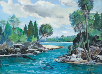 Ottmar Von Fuehrer Fishing Stream in Florida Gouache Ptg