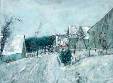 Bernard Gantner 1969 Village in Winter Oil on Canvas