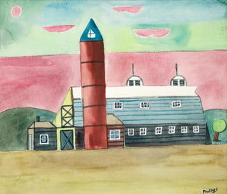 Esther Phillips watercolor Barn and Silo, circa 1945