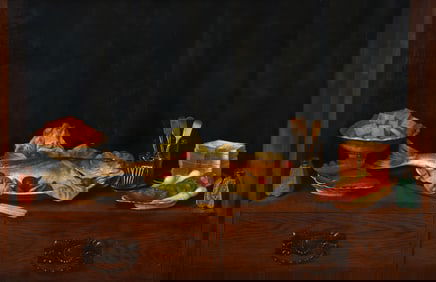 Louis Spinner Elaborate Dinner Still Life on Bookshelf Oil on Canvas