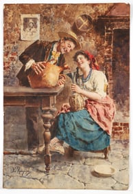 Eugenio Zampighi Gouache on Paper Enjoying Wine