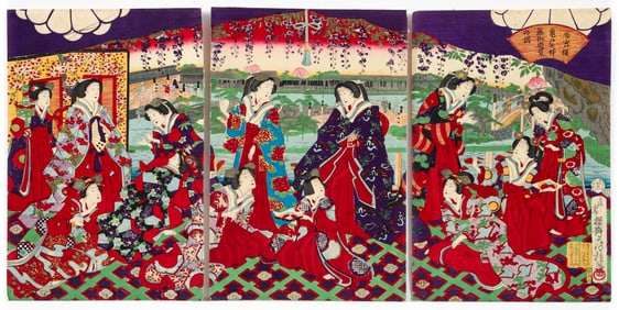 Fusatane Empress Enjoys Wisteria at Kameido Shrine Triptych