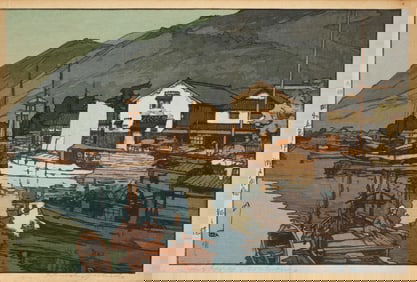Hiroshi Yoshida Harbor of Tomonoura signed woodblock 1930