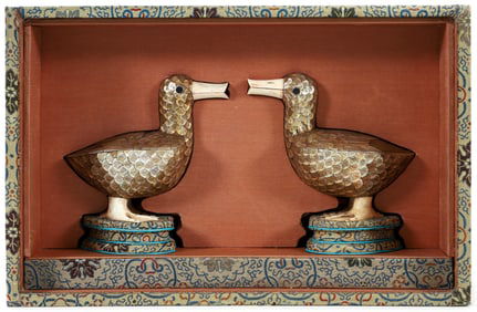 Pair Chinese MOP and bone ducks, early 20th Century
