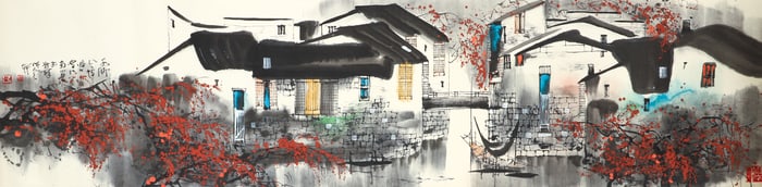 Attributed to Liu Maoshan watercolor scroll Jiangnan Village