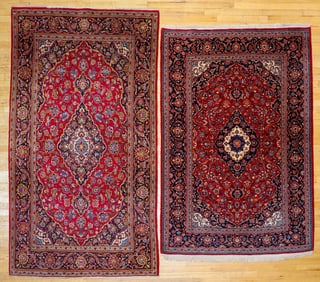 Pair Vintage Hand Knotted Wool Pile Kashan Persian Carpets