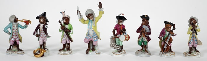 Sitzendorfnach, Meissen Style Porcelain Eight Piece Monkey Band with Conductor