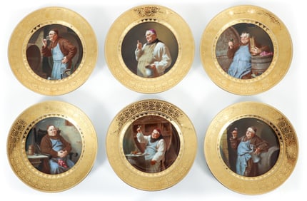 6 Royal Vienna Austria hand painted cabinet plates Monks imbibing