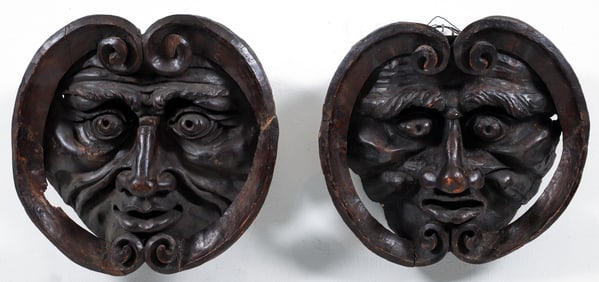 Perret and Vibert carved wood North Wind high relief wall brackets