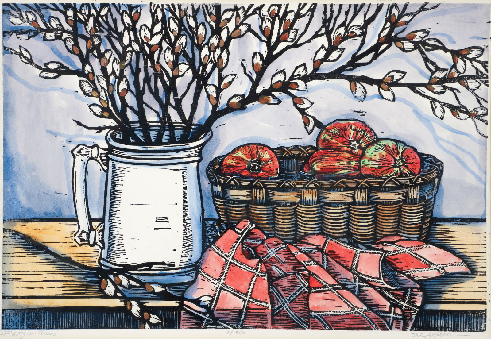 Mary Azarian Hand Colored Woodcut on Paper: Azarian, Mary (American/Vermont, 20th Century) Pussy Willows, late 20th century, hand colored woodcut on paper, signed and titled in pencil along lower edge. Information on the artist verso. Image 10