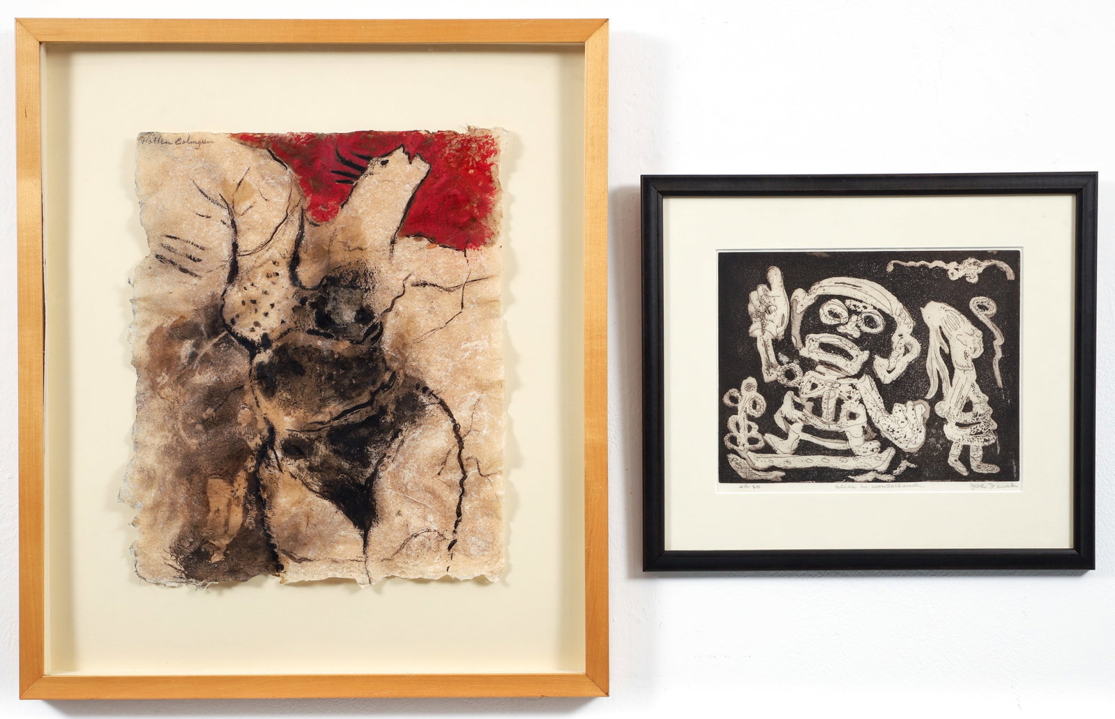 2 Artworks on Paper Donna Hollen Bolmgren and Joe Frink: 2 artworks on paper. Includes: Bolmgren, Donna Hollen (American/Pittsburgh, 1935-2013) Nude, late 20th century, oil on hand made highly textured flax paper, signed at upper left, paper 15.5 x 12.25 in