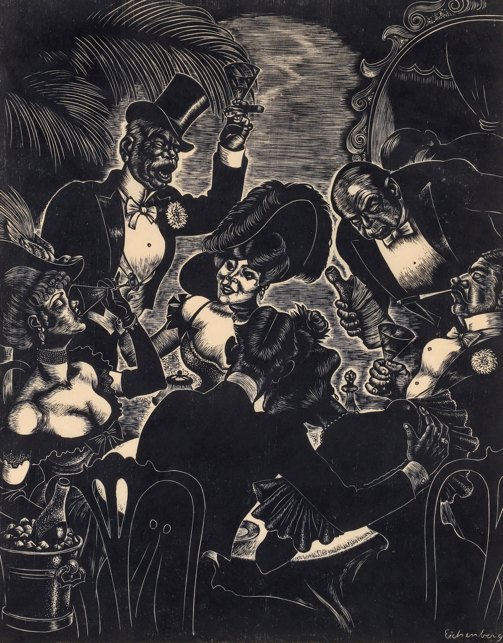 Fritz Eichenberg Wood Engraving The Gay Nineties: Eichenberg, Fritz (German/American/New York/Rhode Island, 1901-1990), The Gay Nineties, wood engraving on paper, image 10 x 8 inches, matted and in a gold and black wooden frame 17.25 x 14.75 inches. 