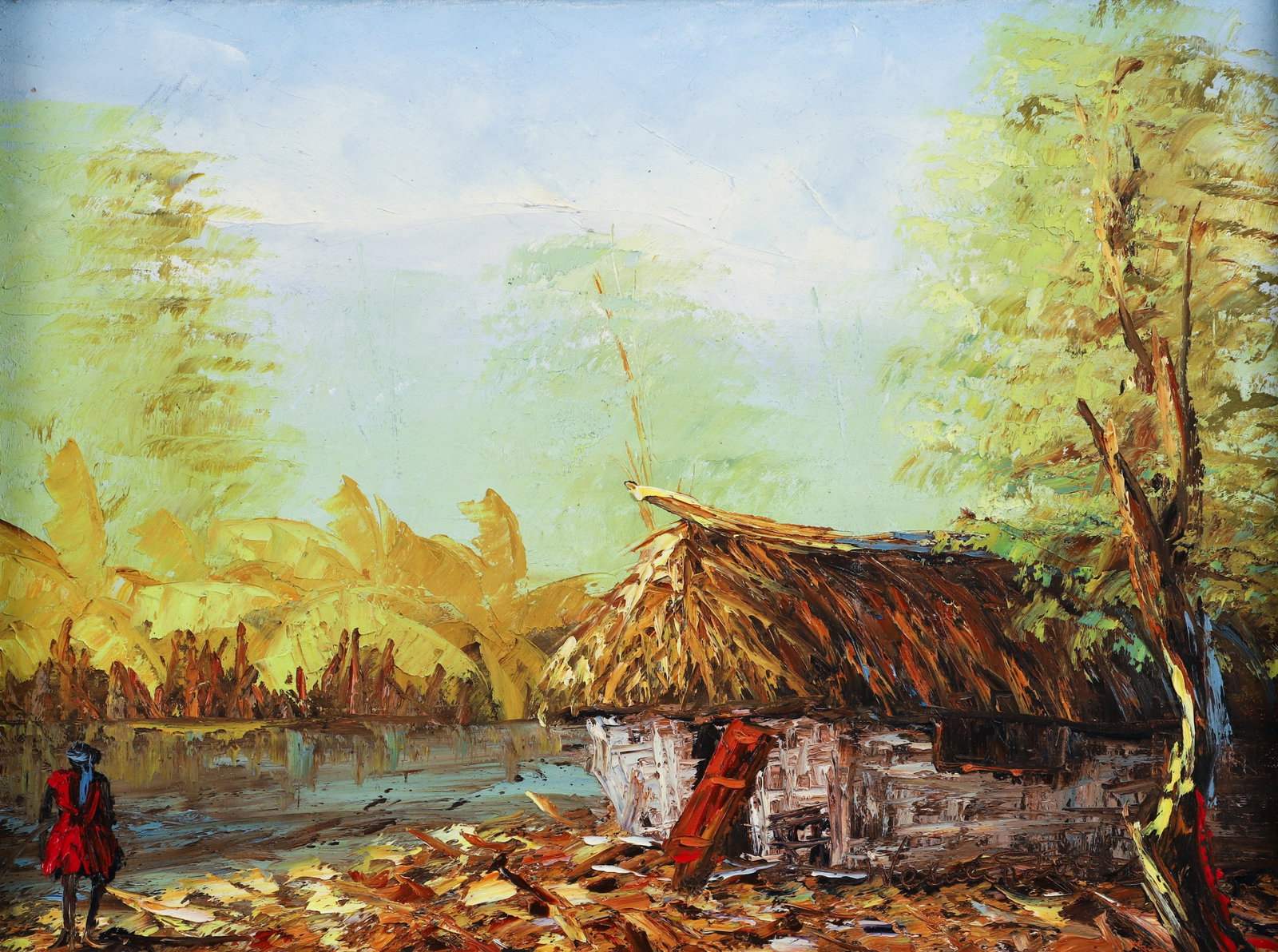 Wesner Pierre-Louis Haitian Village Oil on Canvas: Pierre-Louis, Wesner (Haitian, b.1949), Village Scene, undated, oil with impasto on canvas, signed in the impasto lower right, 12 x 16 inches, in a dark wood frame 17.5 x 21.5 inches.