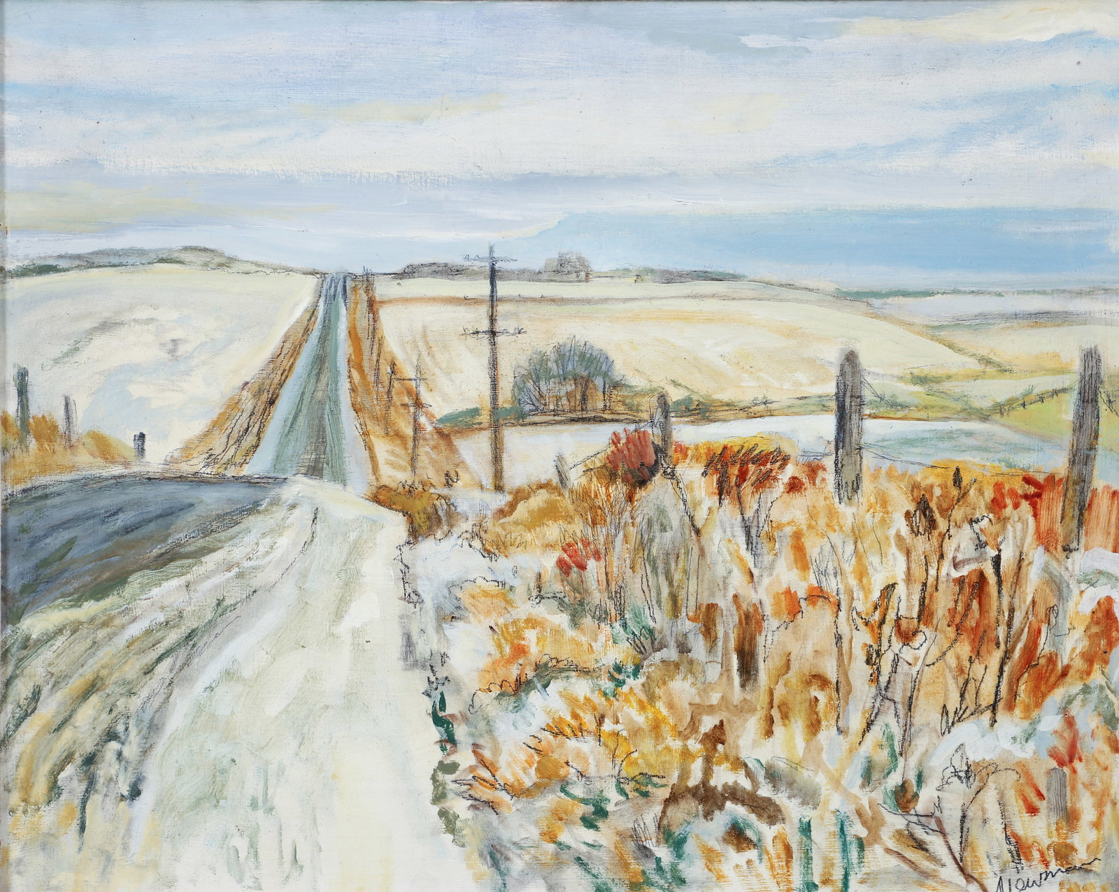 John Newman First Snow 1981 Oil on Board: Newman, John (American, 20th century), First Snow, 1981, oil on board, signed and dated lower right, additionally signed on the verso, 16 x 20 inches, framed 21.5 x 25.5 inches. Provenance: The Darvis