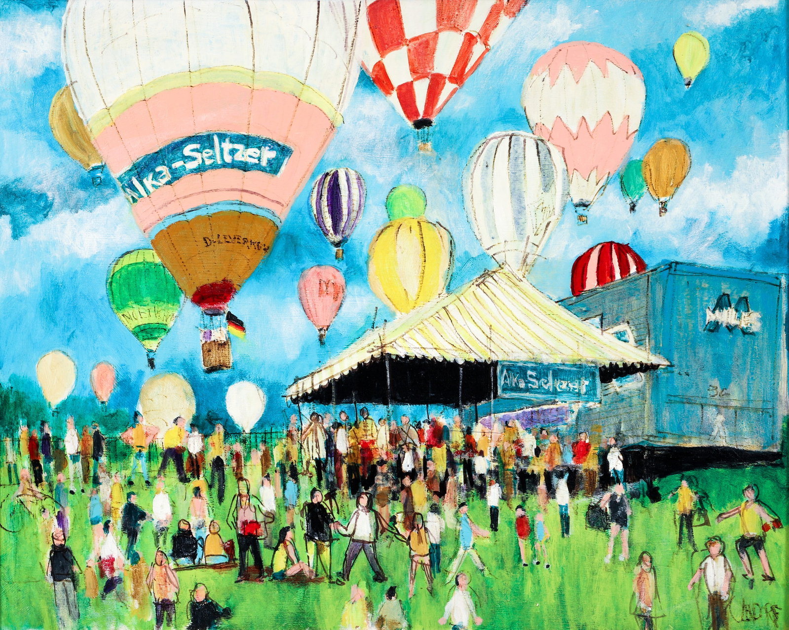 Alka Seltzer Balloon Festival Illustration painting: 20th Century Illustration School, Alka Seltzer Balloon Festival, acrylic on board, 24 x 30 inches, signed indistinctly lower right, framed measuring 30 x 36 inches